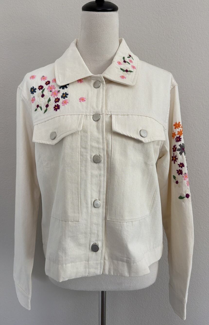 Dolan Floral Embroidered Trucker Jacket Womens Medium Cream Cotton Boho NWOT